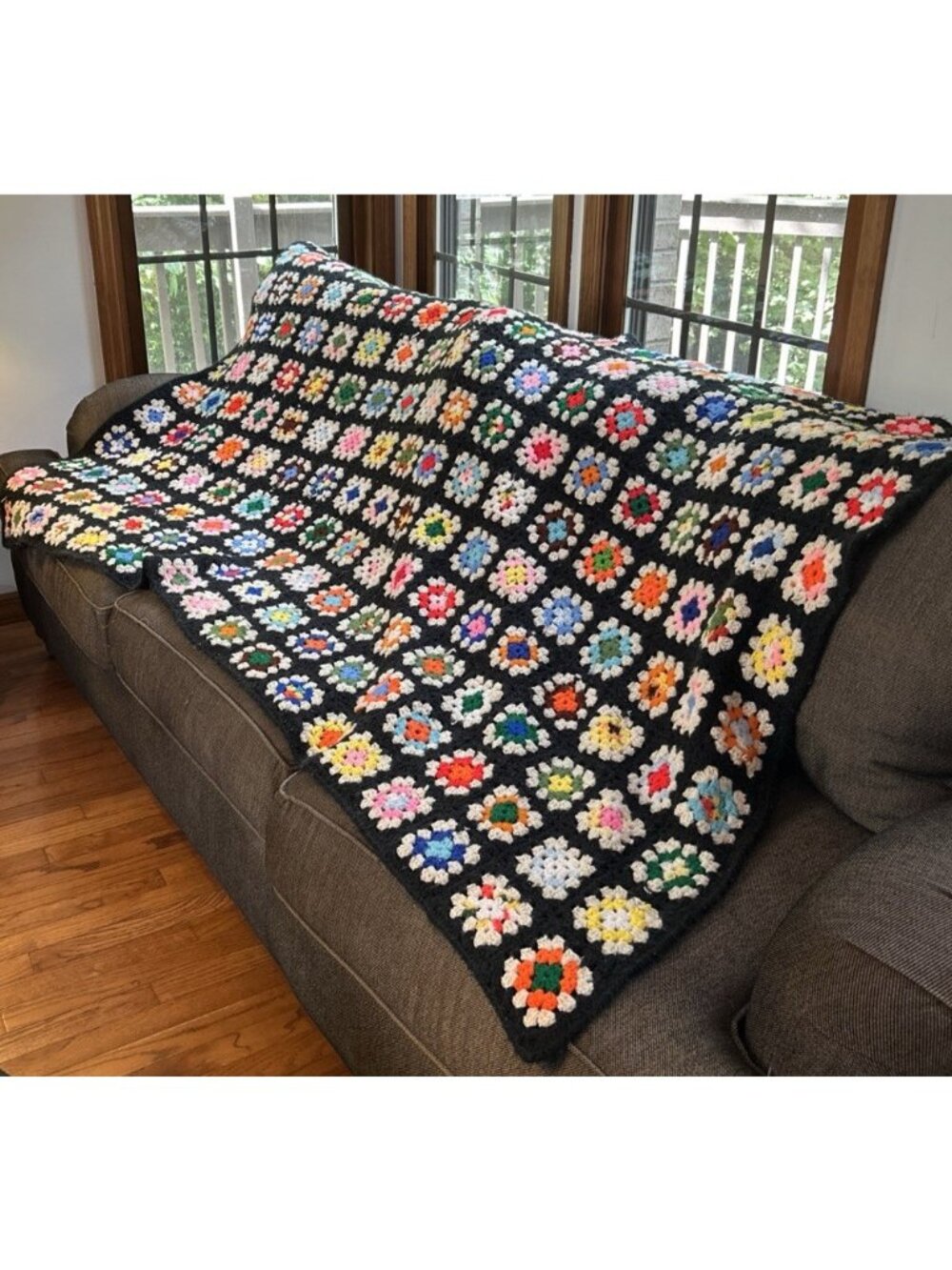 Vintage Handmade Crochet Granny Square Afghan Multi-Color Black Boho Throw 86x49